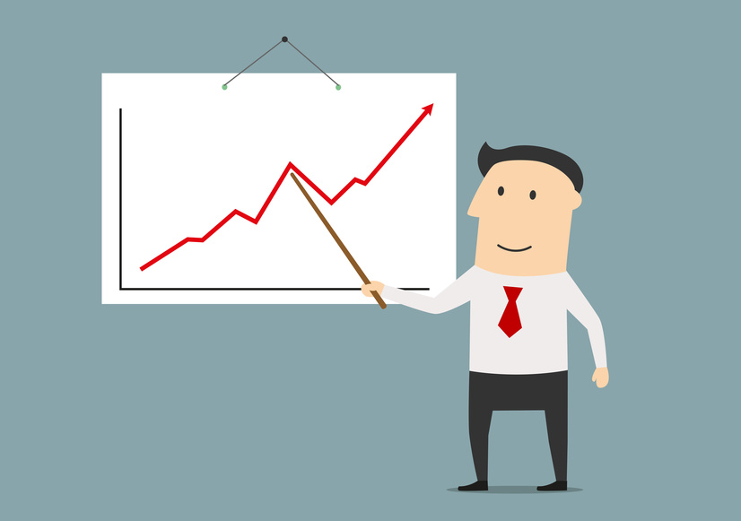 Happy cartoon businessman with pointer stick presenting a growing chart. Report or business plan presentation concept
